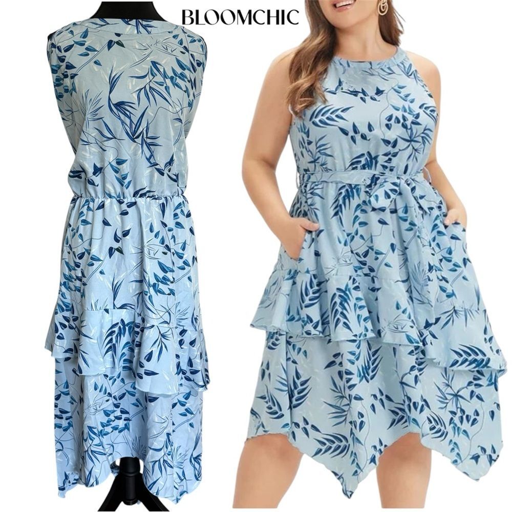 BloomChic Asymmetrical Blue Plant Print Layered Belted Pocket Halter Dress 22-24